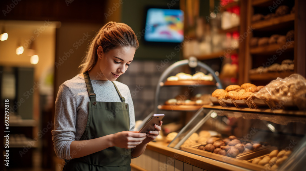 Salesgirl in a cafe stands by the cash register