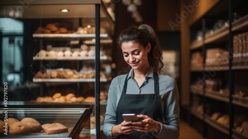 Salesgirl in a cafe stands by the cash register