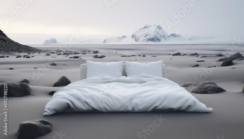 Comfy white master bed on the black sand surrounded by Iceland landscape scenery and overcast sky.