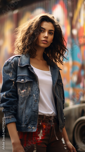 A woman with a trendy street style, wearing a distressed denim skirt and a bomber jacket, against an urban-inspired graffiti background.