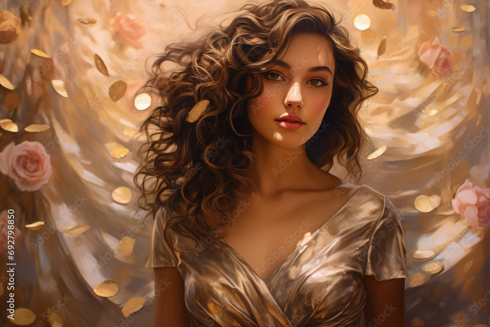 A young lady with cascading curls, in a flowy chiffon skirt and a sequined top, against a festive rose gold background.