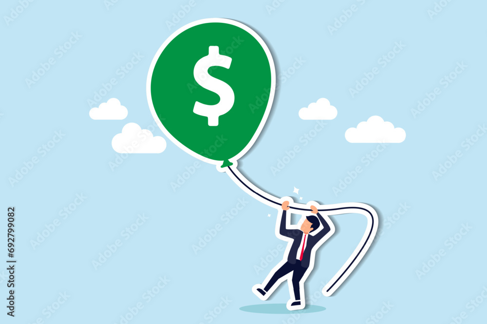 FED, Federal Reserve try to tame inflation down by interest rate hike, economic risk or investment bubble concept, businessman Federal Reserve or government try to pull big inflation balloon down. FED, Federal Reserve try to tame inflation down by interest rate hike, economic risk or investment bubble concept, businessman Federal Reserve or government try to pull big inflation balloon down.