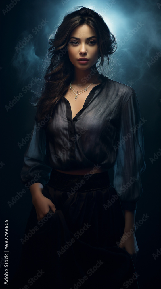 An attractive lady with a mysterious aura, dressed in a dark velvet skirt and a sheer blouse, against a moody midnight blue backdrop.