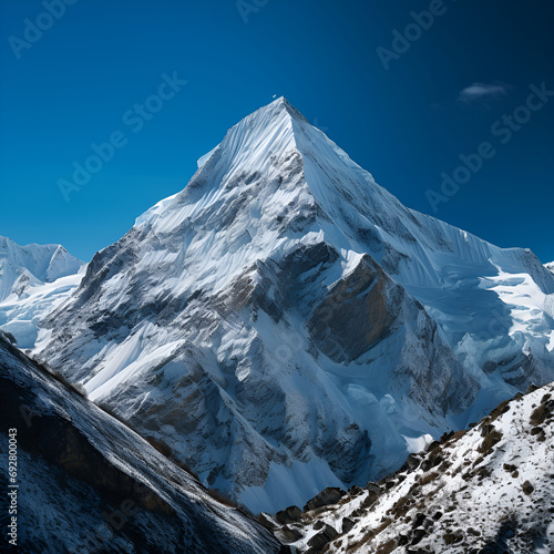 A snowy mountain peak against a clear blue sky, Peak of Mount Gross Loner in winter, Switzerland., Mount Cho Oyu, Nepal Himalayas mountains, Majestic mountain peak covered in snow



 photo