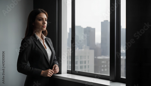 Young happy cheerful professional business woman standing in office, 