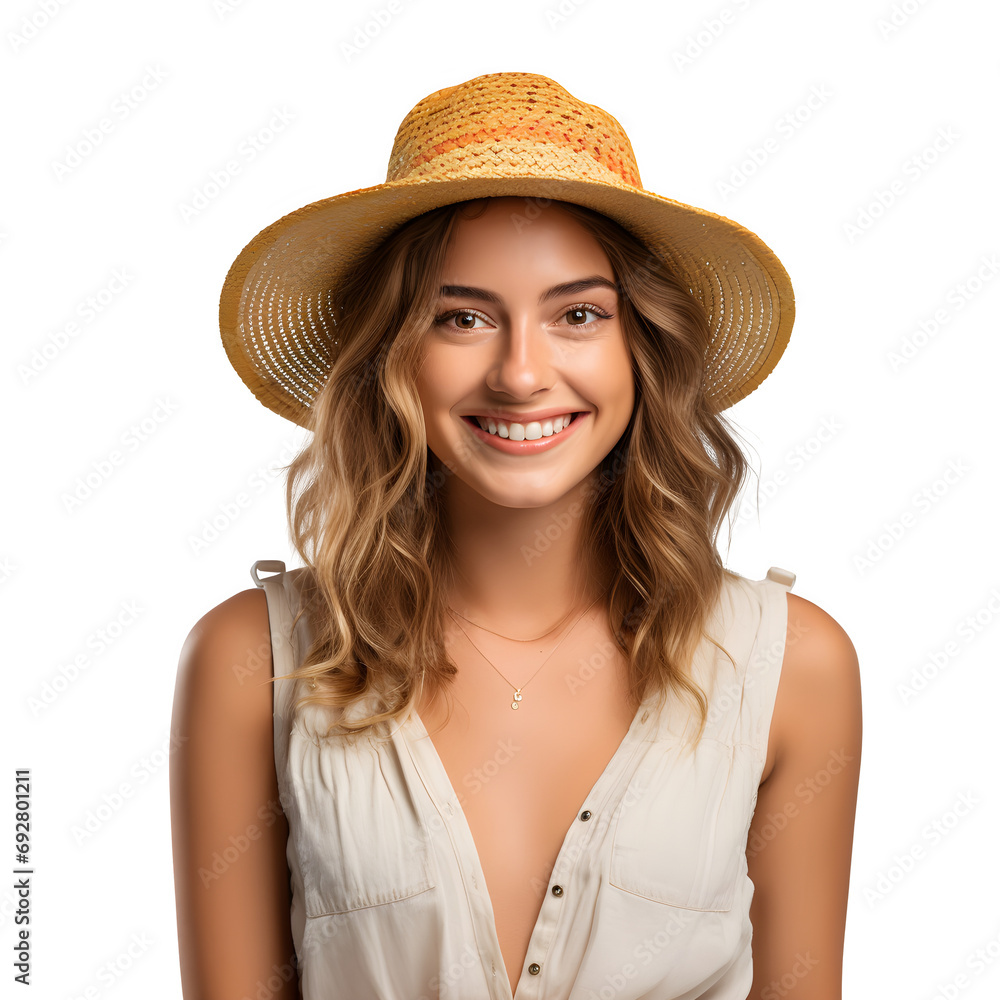 Happy young Woman wearing straw hat and summer tourist outfit isolated on transparent background Generative AI Happy young Woman wearing straw hat and summer tourist outfit isolated on transparent background Generative AI