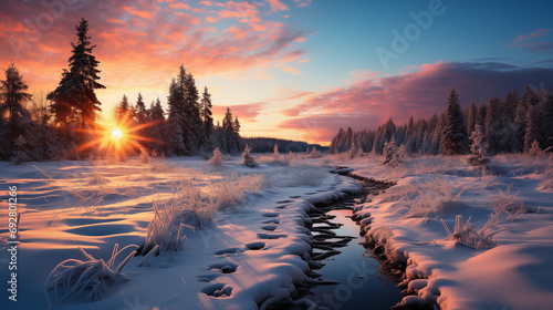 Dawn's Warmth Over a Frozen Creek Meandering Through a Snow-Blanketed Pine Forest, Winter's Serenity