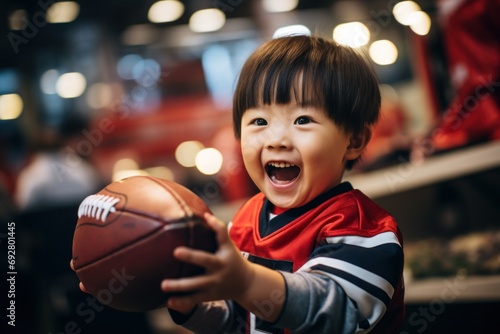 Toddler in Football Gear Holding a Ball with Delight   © Distinctive Images