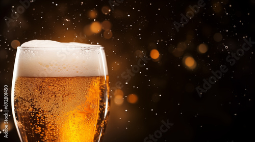Fresh cold beer and beer bubbles on a black background with space for text. Close-up of the delicious looking beer