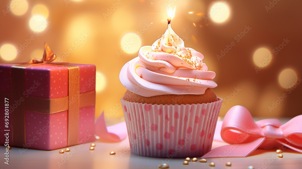 Celebration-mode on with a birthday cupcake adorned by a radiant candle and a festive gift box, creating a scene of delightful anticipation Celebration-mode on with a birthday cupcake adorned by a radiant candle and a festive gift box, creating a scene of delightful anticipation