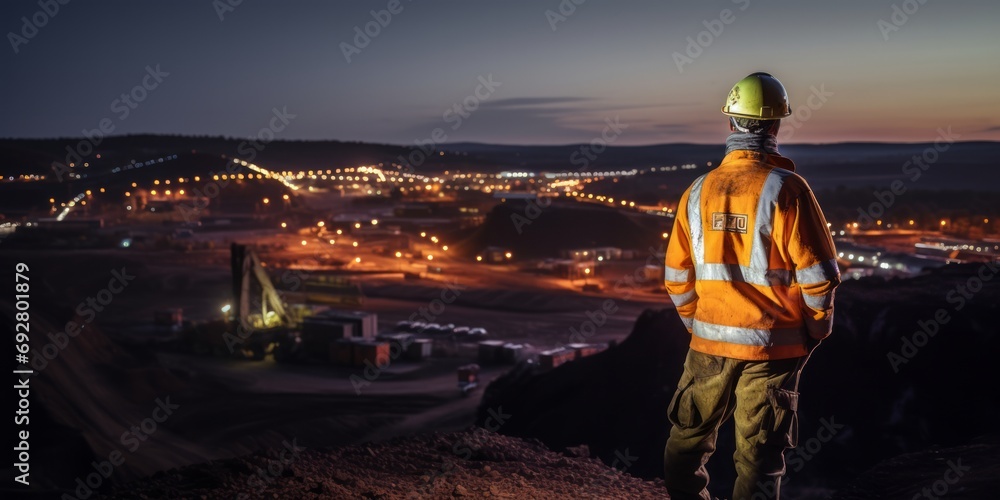 Rear view of a worker in high-visibility gear overlooking a mining operation at dusk. Rear view of a worker in high-visibility gear overlooking a mining operation at dusk.