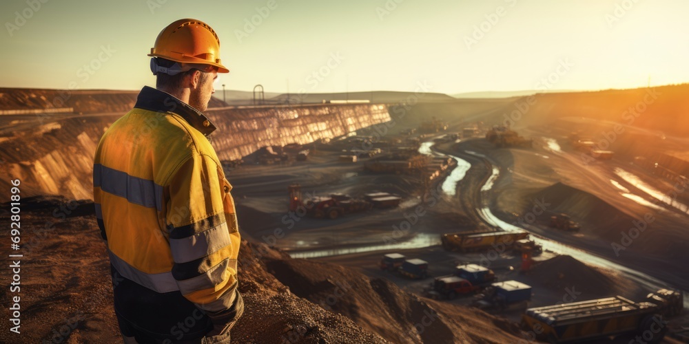 Rear view of a worker in high-visibility gear overlooking a mining operation at dusk. - obrazy, fototapety, plakaty 