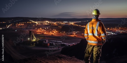 Rear view of a worker in high-visibility gear overlooking a mining operation at dusk.