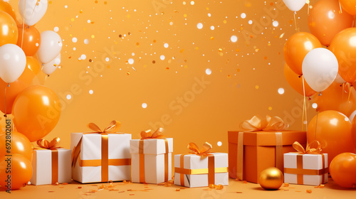 Extravagant party setting with upscale balloons, abundant confetti, and stylish gift boxes against a captivating orange canvas, providing an elegant template for your celebration messages
