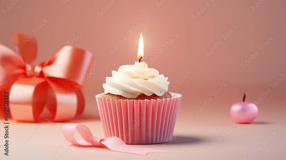 Irresistible birthday cupcake, complete with a flickering candle and a beautifully adorned gift box, setting the tone for celebration Irresistible birthday cupcake, complete with a flickering candle and a beautifully adorned gift box, setting the tone for celebration