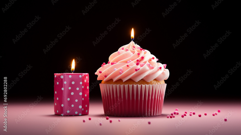 Irresistible birthday cupcake, complete with a flickering candle and a beautifully adorned gift box, setting the tone for celebration