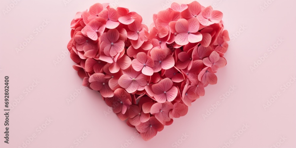 Heart-shaped arrangement of red hydrangea flowers on a pink background.