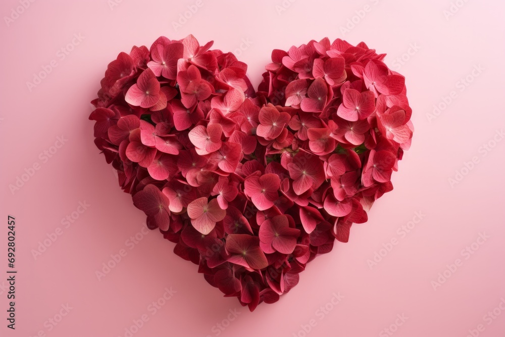 Heart-shaped arrangement of red hydrangea flowers on a pink background.