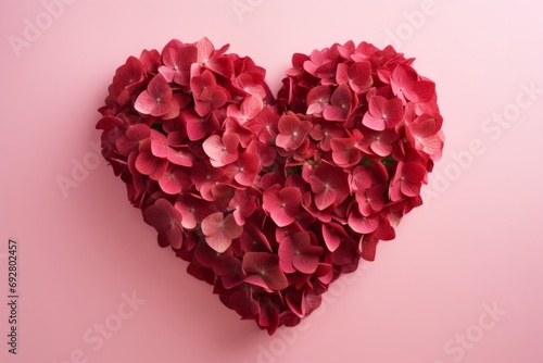 Heart-shaped arrangement of red hydrangea flowers on a pink background.