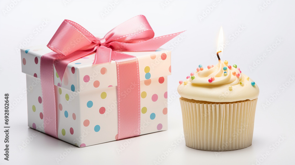 Tempting birthday cupcake featuring a flickering candle and a beautifully presented gift box, ready for a momentous celebration Tempting birthday cupcake featuring a flickering candle and a beautifully presented gift box, ready for a momentous celebration