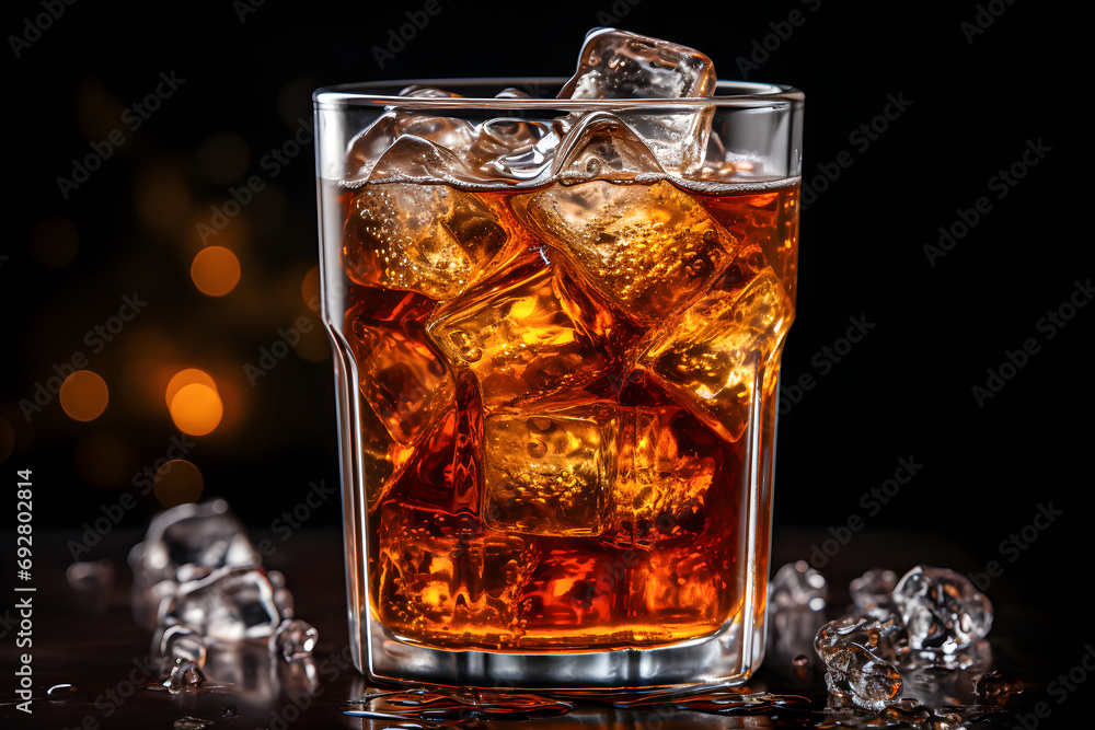 Glass of cola with ice, dramatic studio lighting and a shallow depth of field, placed on a reflective black surface. Ai Generated.NO.01 Glass of cola with ice, dramatic studio lighting and a shallow depth of field, placed on a reflective black surface. Ai Generated.NO.01