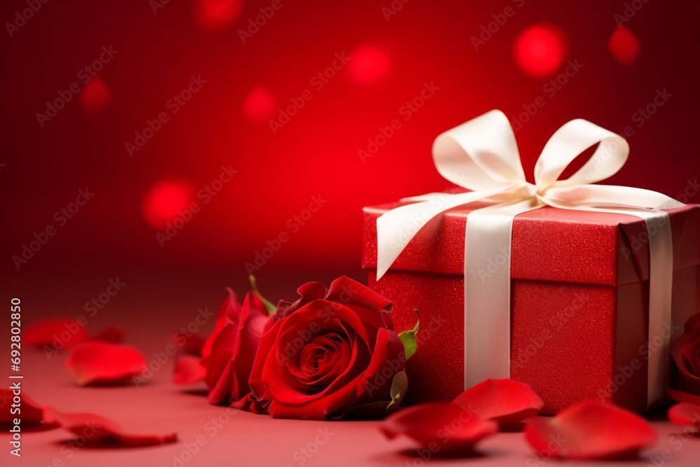 Romantic composition with a striped gift box, red rose, and paper hearts on a red background. Romantic composition with a striped gift box, red rose, and paper hearts on a red background.