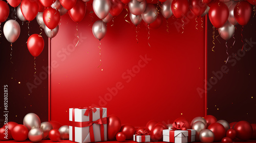 A sophisticated celebration in progress with upscale party balloons, confetti fluttering, and elegant gift boxes on a chic red canvas, creating an ideal template for your messages