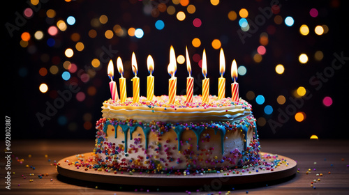 A vibrant birthday cake adorned with colorful sprinkles and twenty-one candles glowing brightly in celebration.