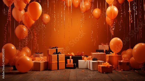 Celebration in grandeur with opulent party balloons, confetti raining down, and upscale gift boxes against a lively orange backdrop, setting the stage for your personalized messages