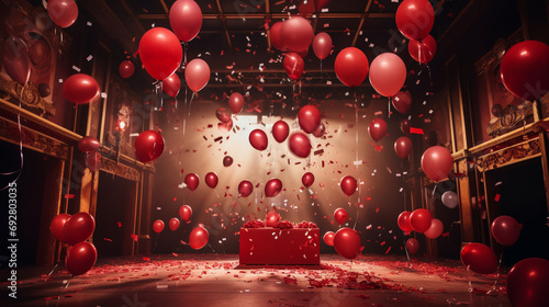 Celebration in grandeur with opulent party balloons, confetti raining down, and upscale gift boxes against a vibrant red backdrop, setting the stage for your personalized messages