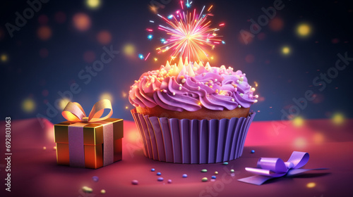 Celebration-mode on with a birthday cupcake adorned by a radiant candle and a festive gift box, creating a scene of delightful anticipation