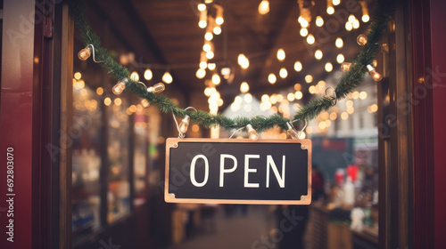 Open signboard in front of a shop window with bokeh background photo