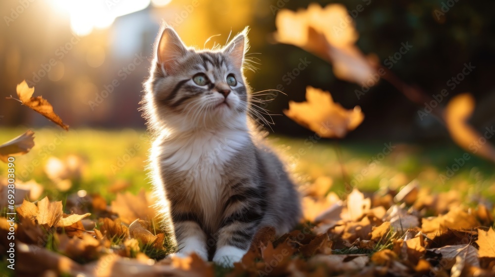 A Cute kitten playing with yellow autumn leaves at sunset. the backyard The background of the photo is a relaxing environment in the backyard. A Cute kitten playing with yellow autumn leaves at sunset. the backyard The background of the photo is a relaxing environment in the backyard.