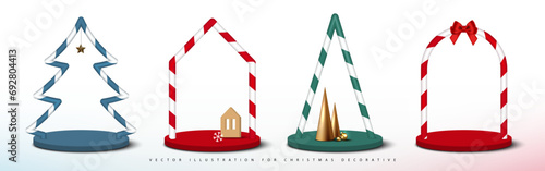 Set of Christmas decorative elements. Empty pedestal for your graphic decorated with candy pattern pole design shape tree, home, triangle, arch. Vector illustration.