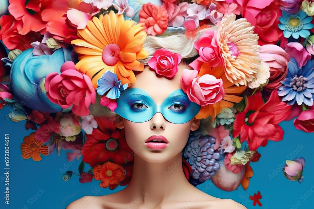 decoration flowers colorful amazing girl fashion Beautiful woman sunglasses decoration flower pinup stylish emotional funny retro pin 80s headpiece pink lip blue spring summer poster happy cute
