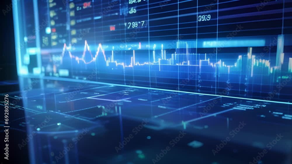 A technologically advanced way of viewing financial trends and projections, through a hologram chart on a blue background. A technologically advanced way of viewing financial trends and projections, through a hologram chart on a blue background.