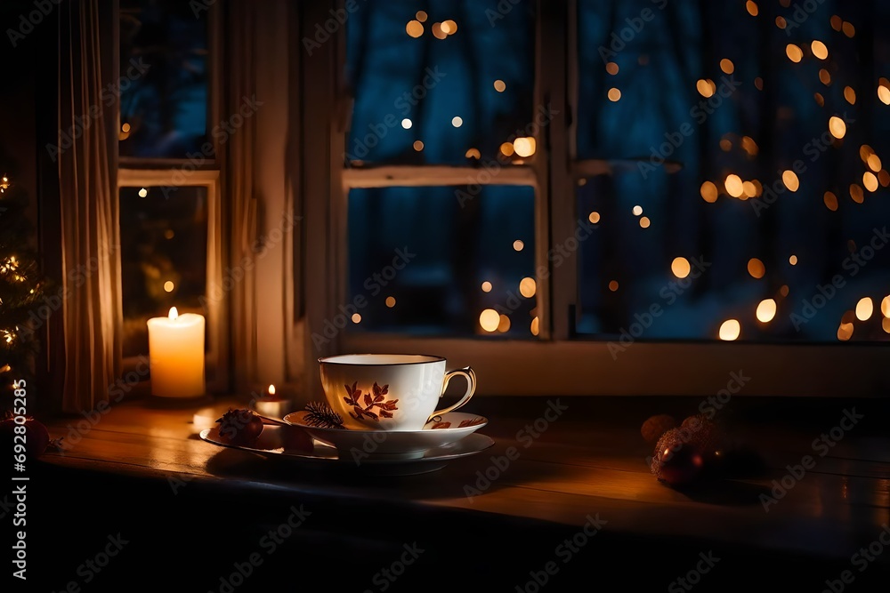 A cozy scene featuring a mug of  peppermint tea on a knitted blanket, with a dusting of snow outside the window - obrazy, fototapety, plakaty 