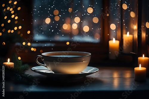 A cozy scene featuring a mug of  peppermint tea on a knitted blanket, with a dusting of snow outside the window