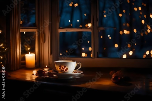 A cozy scene featuring a mug of peppermint tea on a knitted blanket, with a dusting of snow outside the window