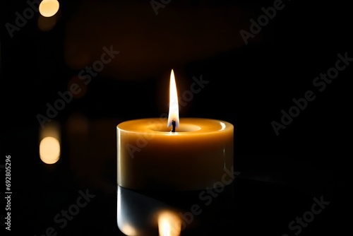 A solitary candle flame flickering on a reflective black glass, capturing the delicate dance of light and shadow