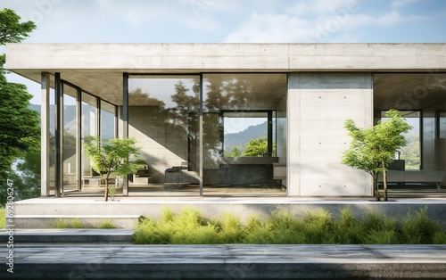 a modern concrete home that has the windows open