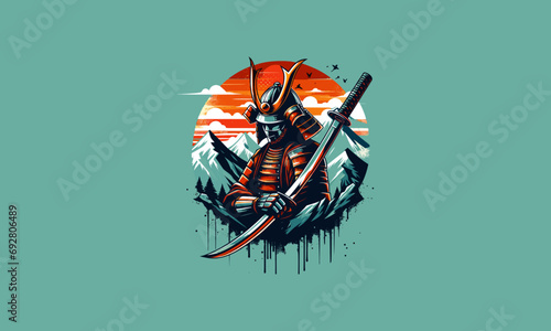 samurai and with katana mountain background vector flat design