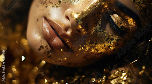 close up view of a beautiful model with gold glitter on her face © Kien