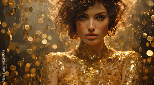 close up view of a beautiful model with gold glitter on her face photo