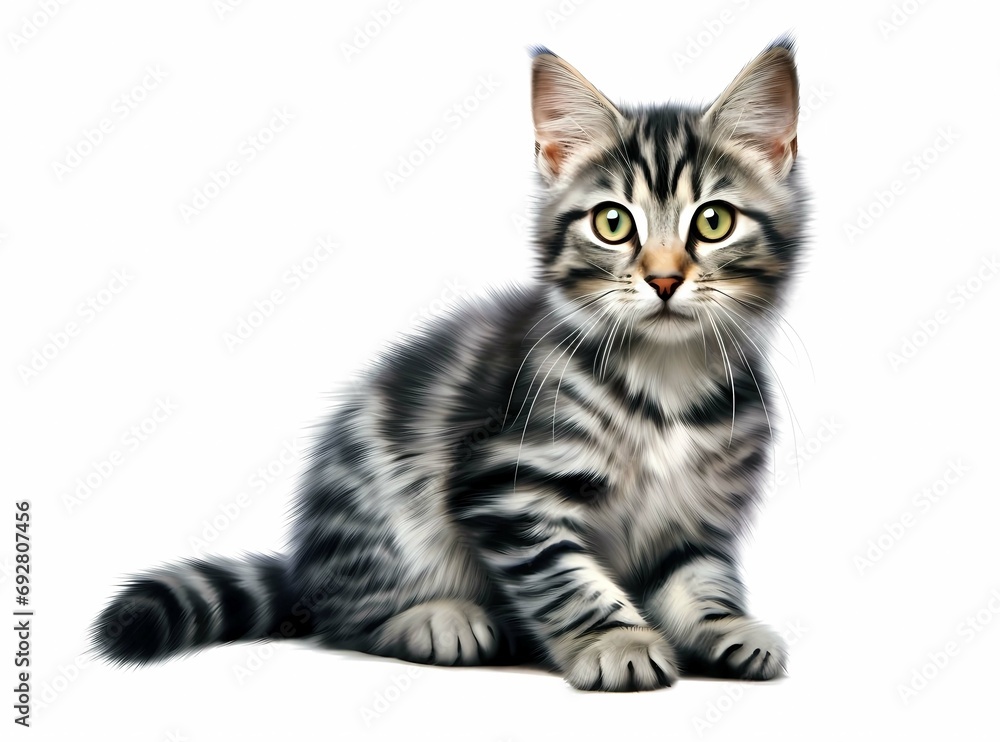Siberian kitten sitting on white background, Isolated image, Generative AI illustrations.