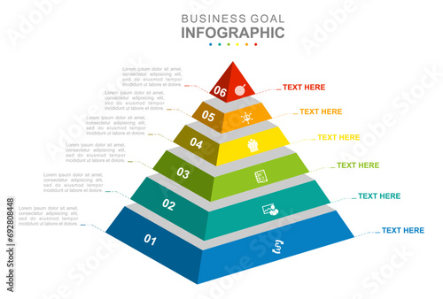 Infographic business template. 6 steps Mindmap pyramid diagram with icon topics. Concept presentation.