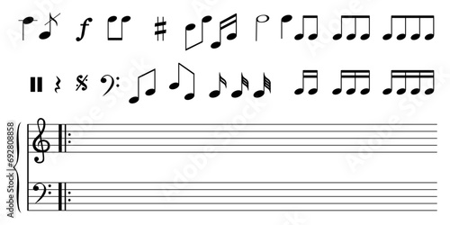 Music sheet background with music notes. Music sheet. Musical note set. Music note stave staff. Vector illustration. EPS 10. photo