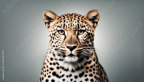 Portrait of a leopard on a gray background with copy space