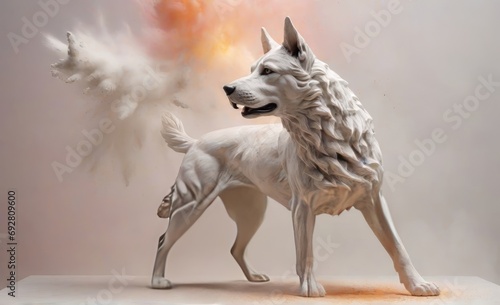 sculpture made of marble in a hasky dog shape realistic full body zoomed dust explosion