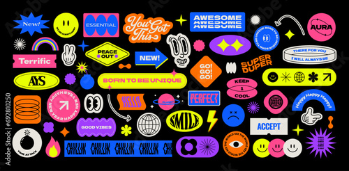 Colorful trendy sticker pack. Naive playful label shape set. Retro patch cartoon collection. Catchphrase sign, Groovy  text slogan. Geometric element. Brutalism aesthetic. Flat vector illustration.